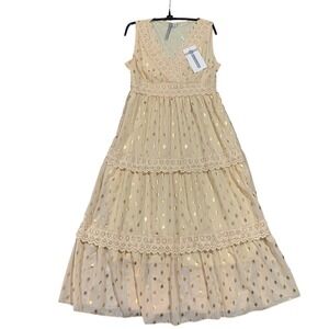 Charlie Charlotte Apricot Gold Dot Tiered Maxi Dress Size M V Neck Sleeveless